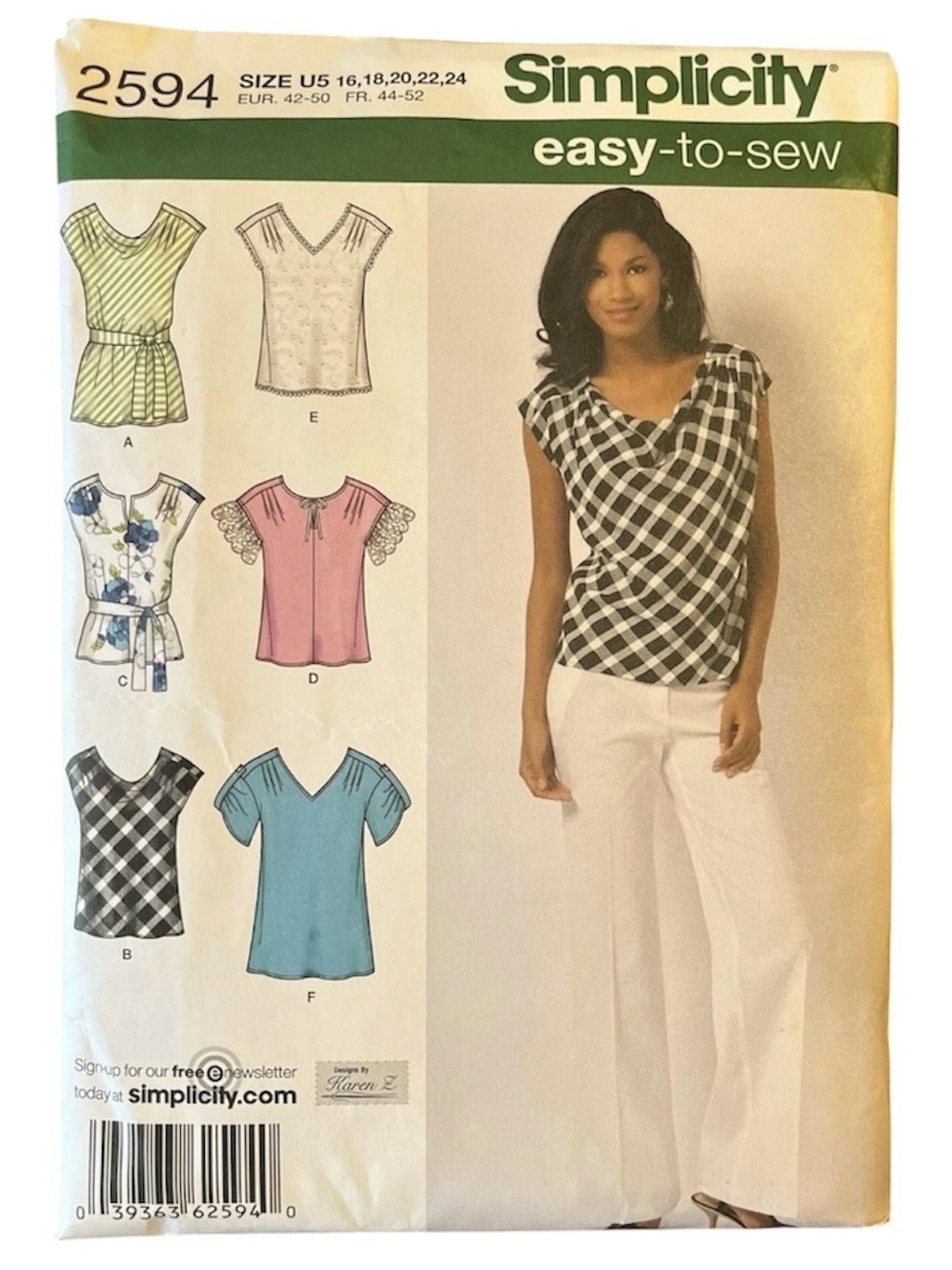 Simplicity Sewing Pattern 2594 16 - 24 Easy To Sew Top Belt 2009